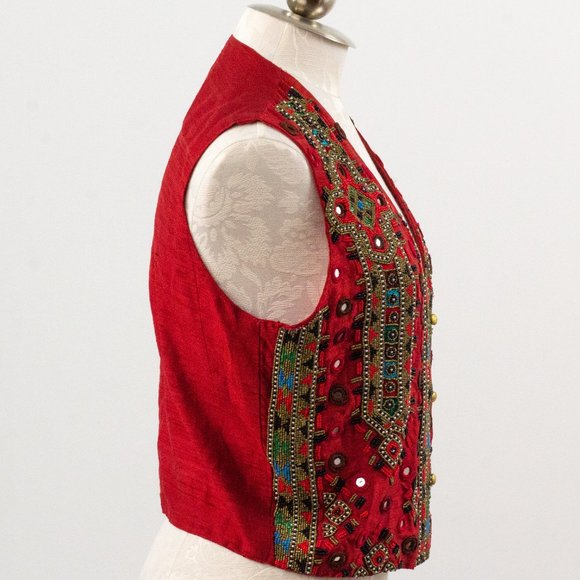 Vintage 70s M Silk Boho Beaded Vest Crop Top Red - Picture 8 of 11